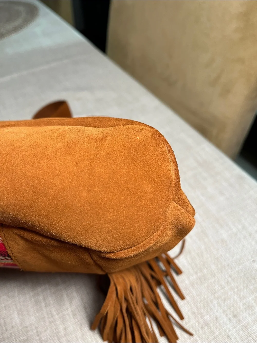 Minnetonka Cognac Suede Fringe Shoulder Bag with Multicolor Woven Panel
